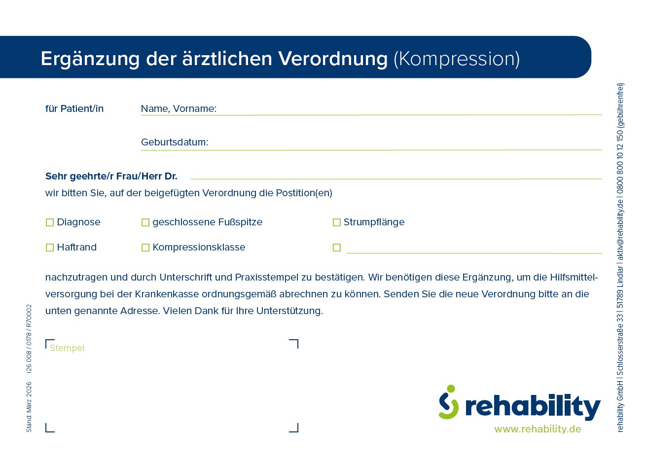 Block Verordnungsempfehlung / Rezeptkorrektur bei Kompressionsversorgung - rehability