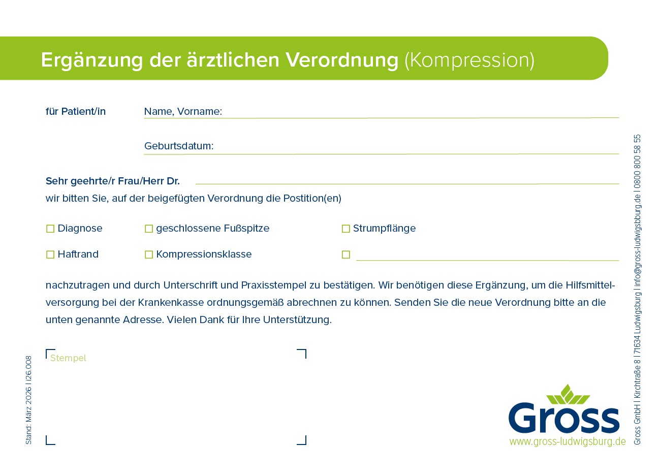Block Verordnungsempfehlung / Rezeptkorrektur für Kompressionsversorgung (Gross)